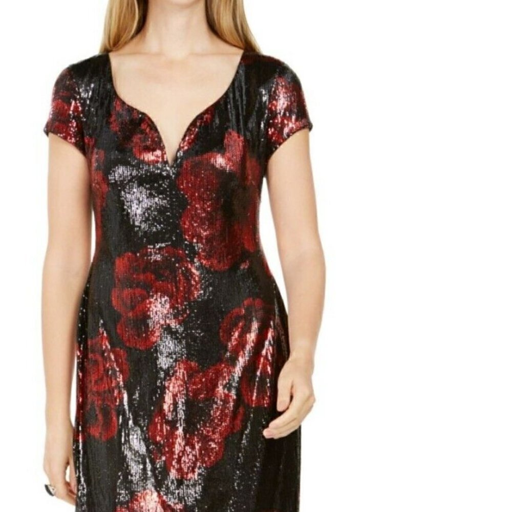 Nwt- "VERY RARE"-Connected Apparel -Women's Dress Black/Red Sheath Floral Sequin